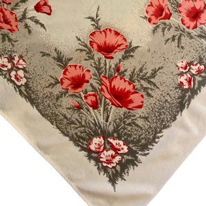California Handprints Tablecloth Poppies Pink Red Gray White Mid Century Vintage